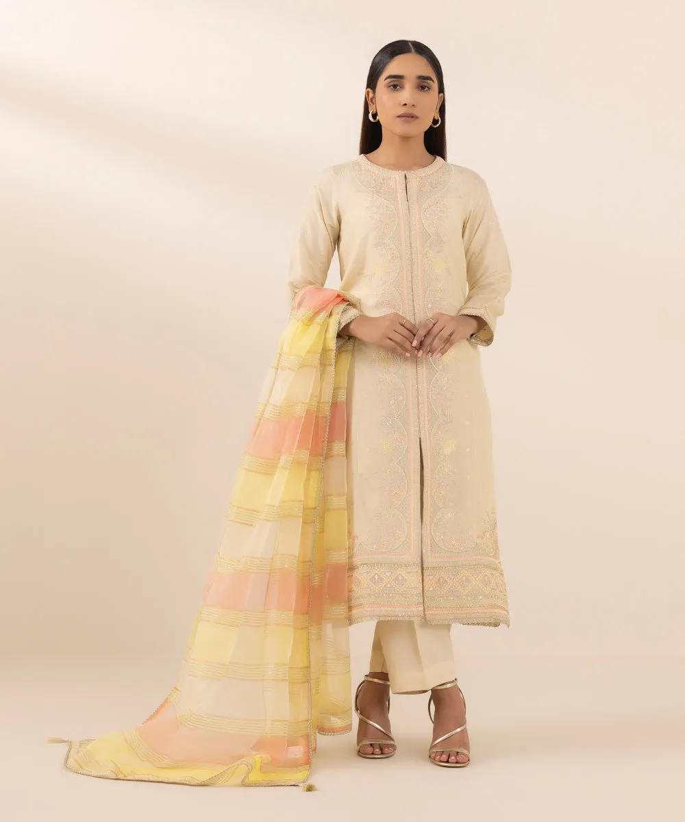 3 Piece - Embroidered Raw Silk Suit