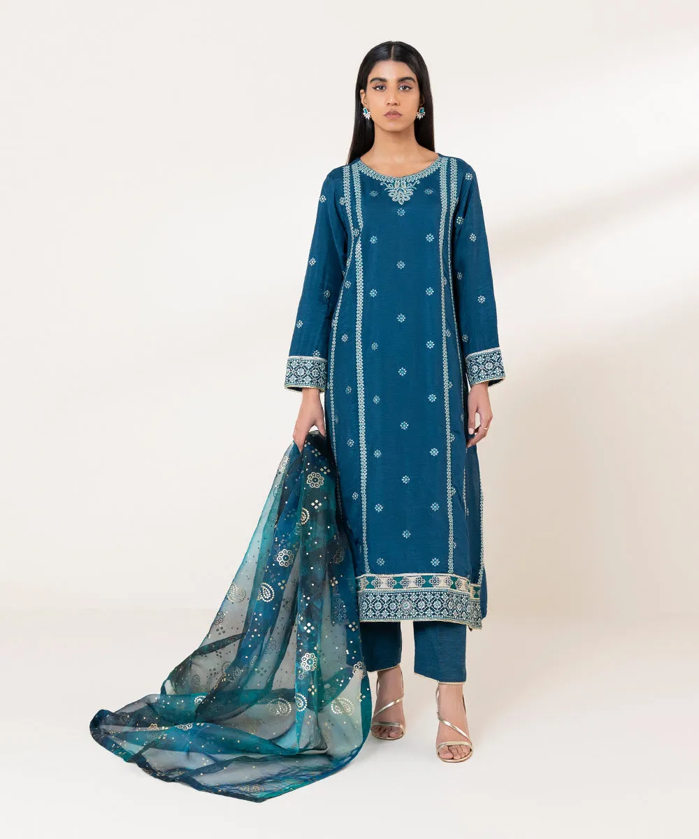 Exquisite 3-Piece Embroidered Raw Silk Suit for Elegant Occasions