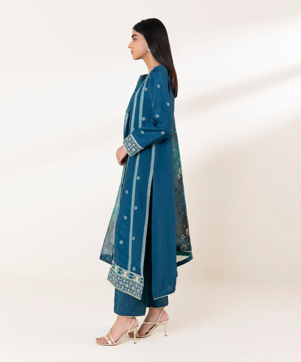 Exquisite 3-Piece Embroidered Raw Silk Suit for Elegant Occasions