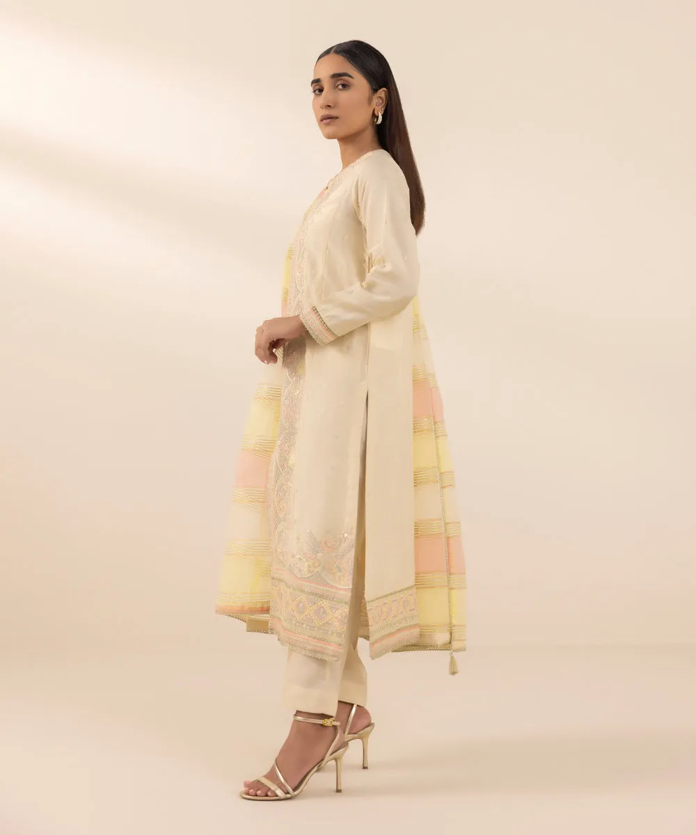 3 Piece - Embroidered Raw Silk Suit