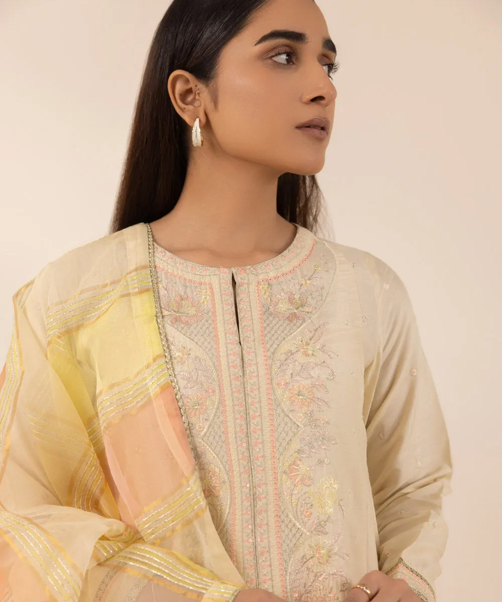 3 Piece - Embroidered Raw Silk Suit