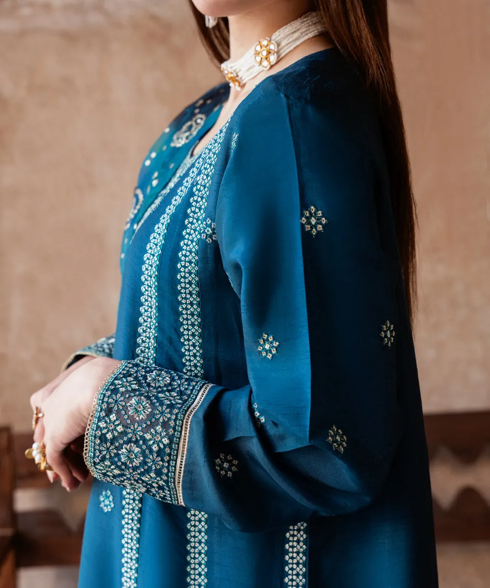 Exquisite 3-Piece Embroidered Raw Silk Suit for Elegant Occasions