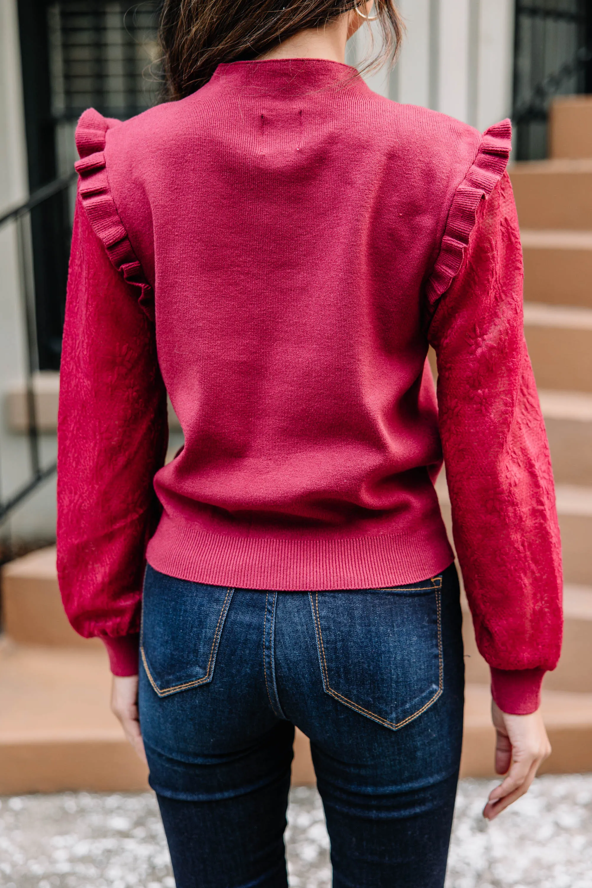 All Around The Way Wine Red Ruffled Sweater