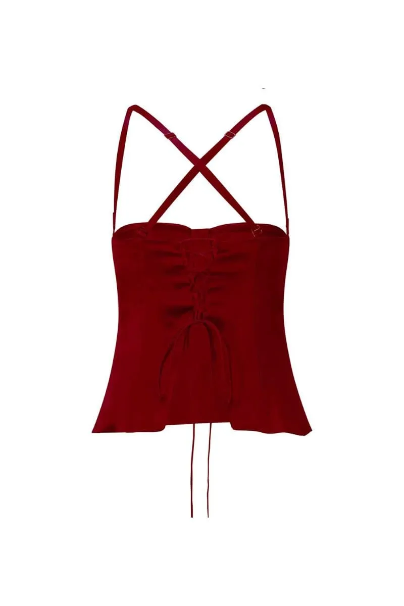 Amira Cherry Red Vintage-Inspired Bustier Top - Elegant Lace Detailing and Adjustable Straps