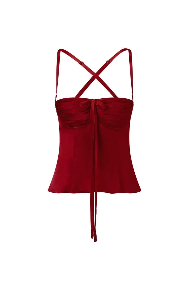 Amira Cherry Red Vintage-Inspired Bustier Top - Elegant Lace Detailing and Adjustable Straps