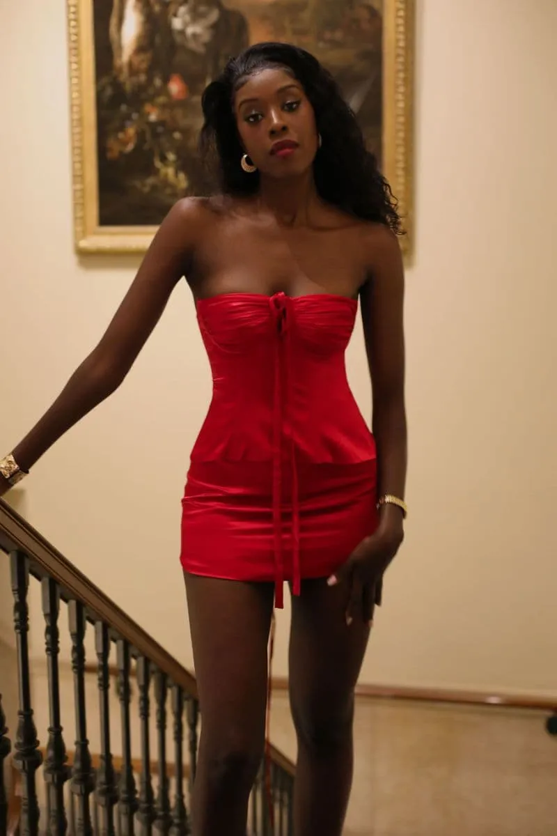 Amira Cherry Red Vintage-Inspired Bustier Top - Elegant Lace Detailing and Adjustable Straps