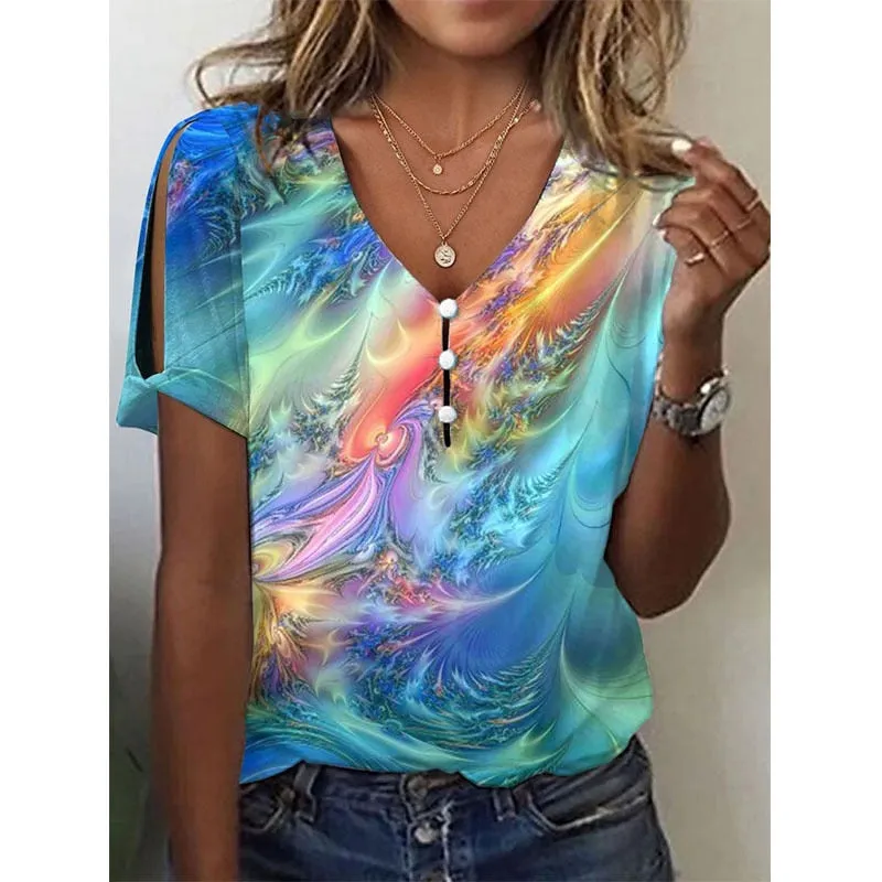 Ashore Shop Women's 2023 Summer New Tie Dyed Short Sleeve Pullover Sexy V-Neck Top Fashion Off Shoulder Plus Size Casual T-Shirt