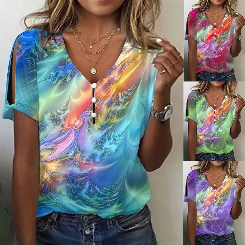 Ashore Shop Women's 2023 Summer New Tie Dyed Short Sleeve Pullover Sexy V-Neck Top Fashion Off Shoulder Plus Size Casual T-Shirt