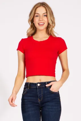 Basic Short Sleeve Round Neck Crop Tee Top 313cr red