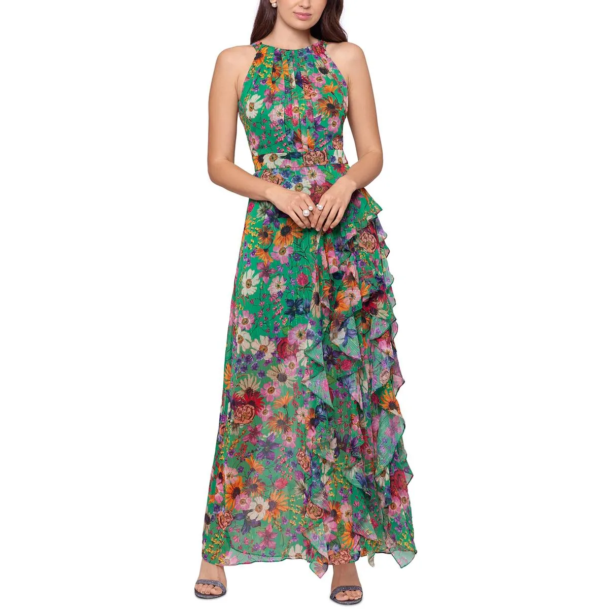 Betsy & Adam Womens Petites Floral Long Halter Dress