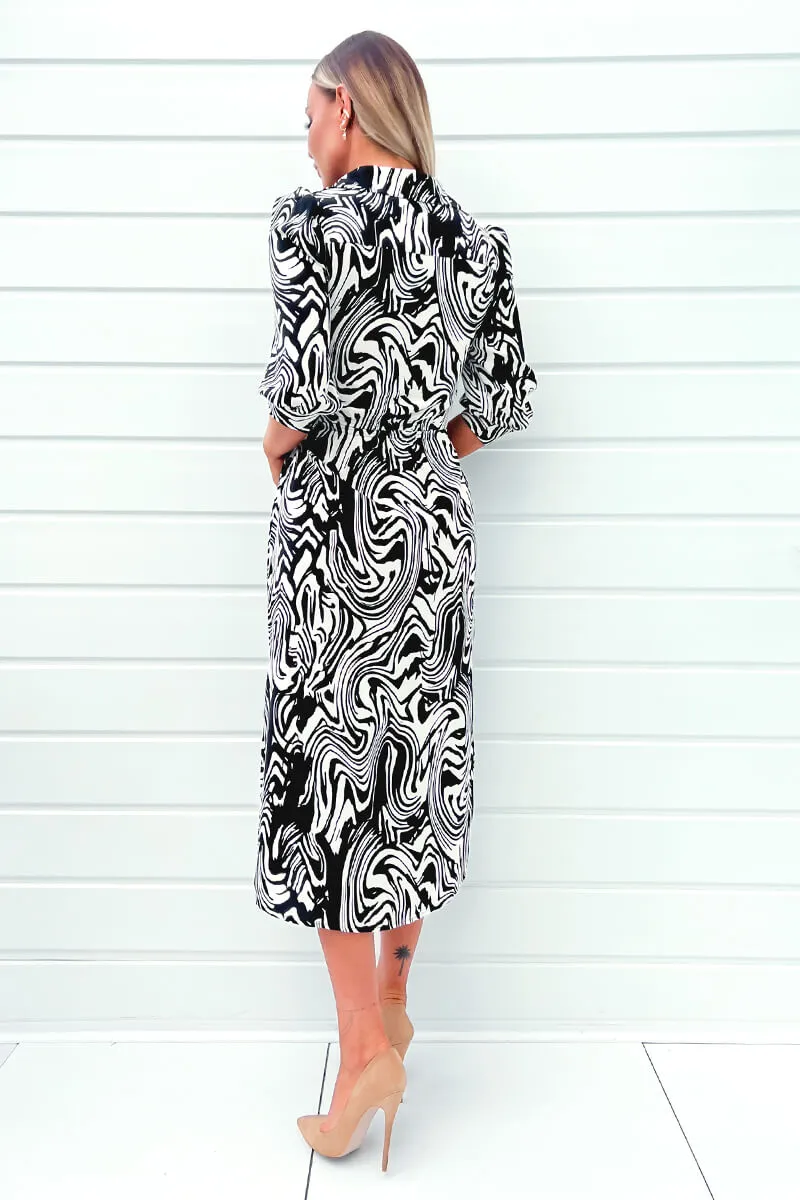 Black And White Printed Tie Waist Midi Shirt Dress