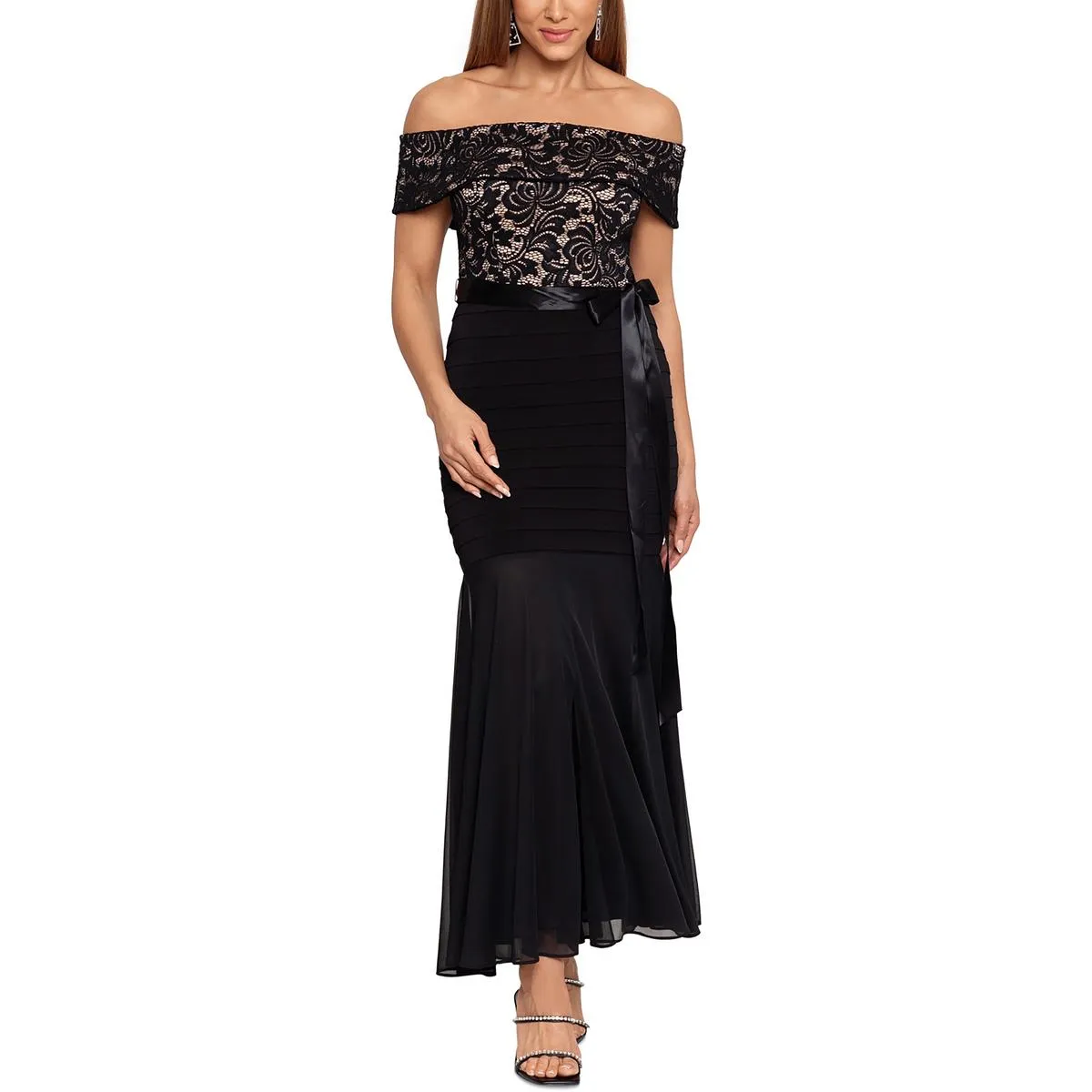 Blondie Nites Womens Petites Lace Off-The-Shoulder Evening Dress