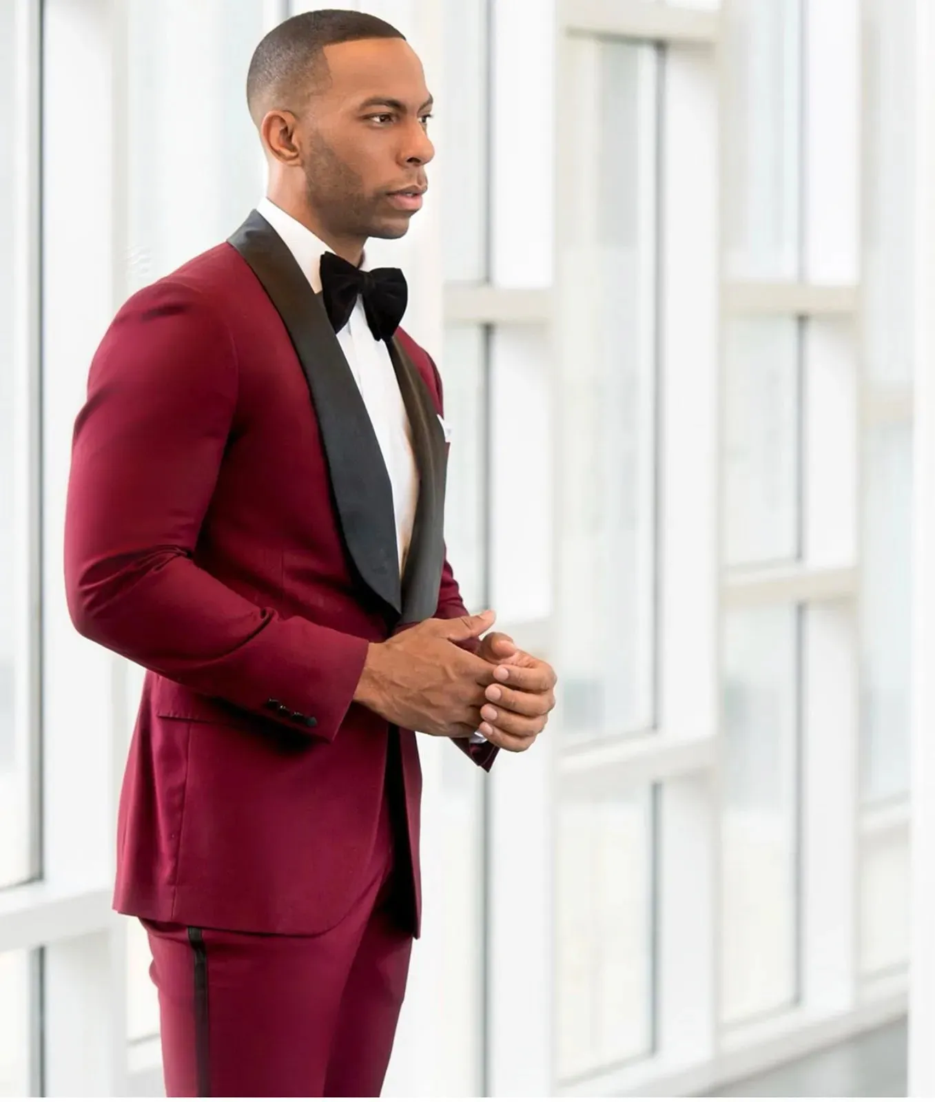 Burgundy Wedding Tuxedos Black Shawl Lapel Men's Business Suit (Jacket   Pants   Bow)Groomsmen Suits Spring  Wedding Suits