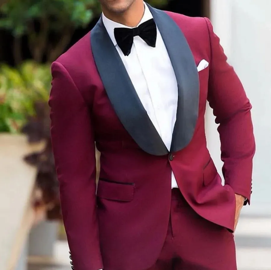 Burgundy Wedding Tuxedos Black Shawl Lapel Men's Business Suit (Jacket   Pants   Bow)Groomsmen Suits Spring  Wedding Suits