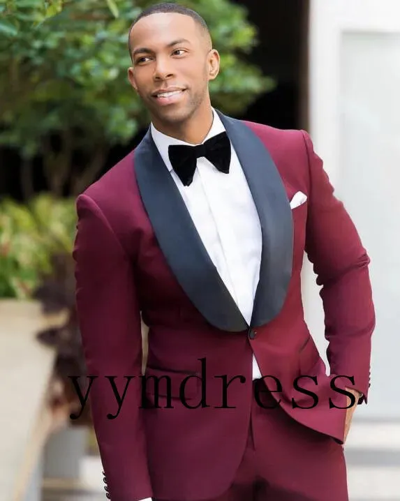 Burgundy Wedding Tuxedos Black Shawl Lapel Men's Business Suit (Jacket   Pants   Bow)Groomsmen Suits Spring  Wedding Suits