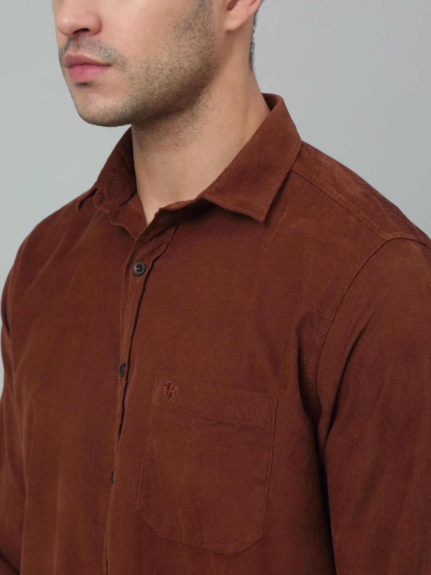 Cantabil Corduroy Brown Solid Full Sleeve Regular Fit Casual Shirt for Men with Pocket