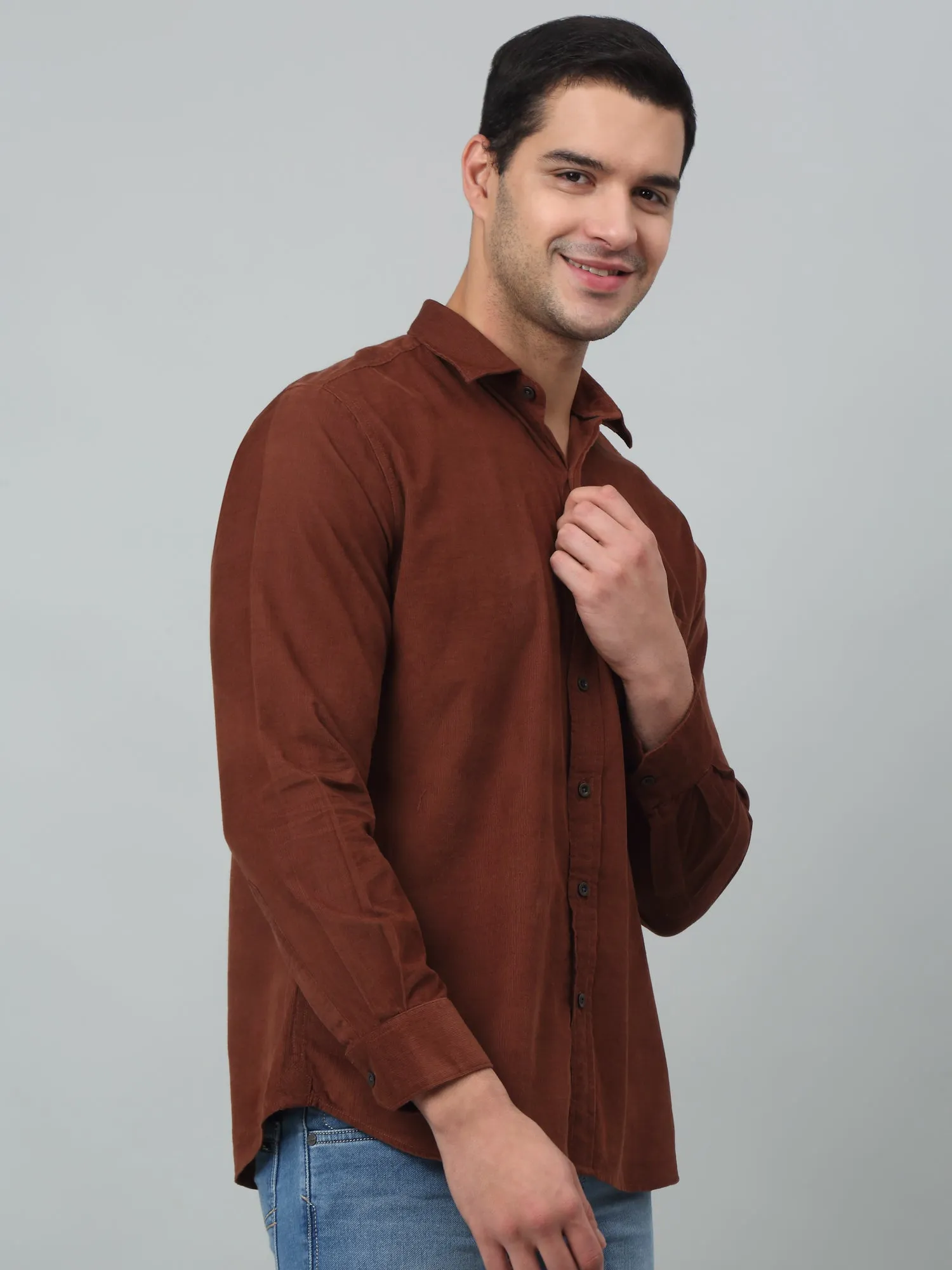 Cantabil Corduroy Brown Solid Full Sleeve Regular Fit Casual Shirt for Men with Pocket