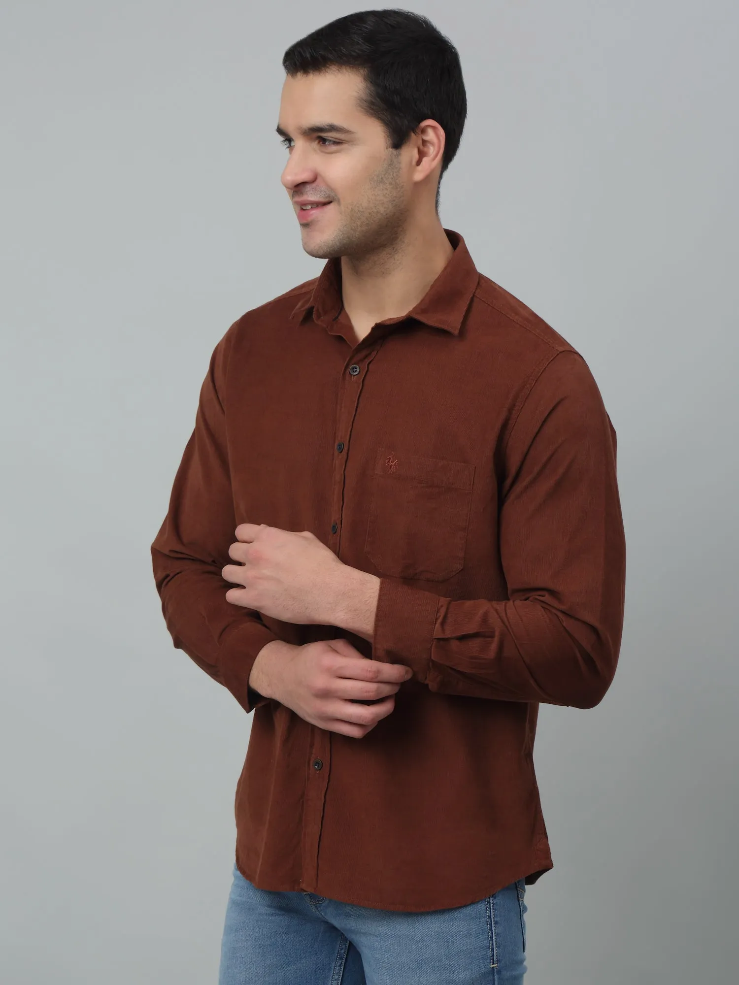 Cantabil Corduroy Brown Solid Full Sleeve Regular Fit Casual Shirt for Men with Pocket