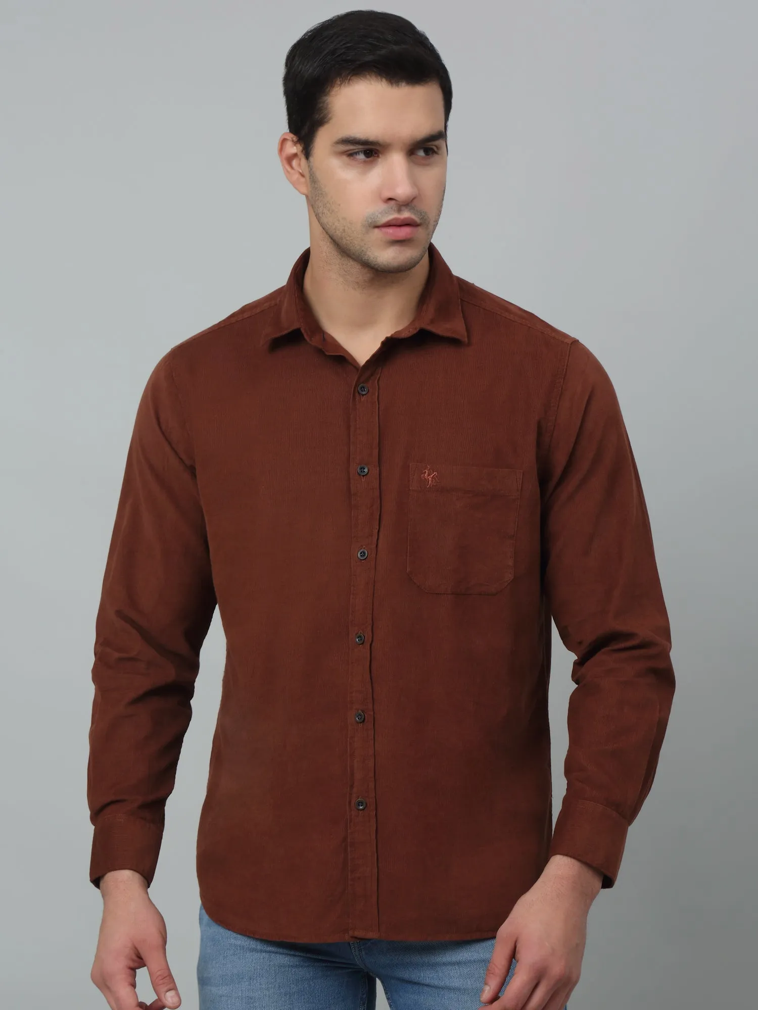 Cantabil Corduroy Brown Solid Full Sleeve Regular Fit Casual Shirt for Men with Pocket