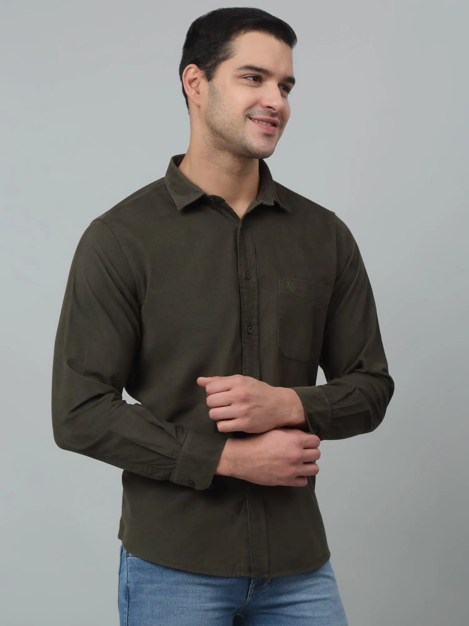 Cantabil Corduroy Olive Solid Full Sleeve Regular Fit Casual Shirt for Men with Pocket