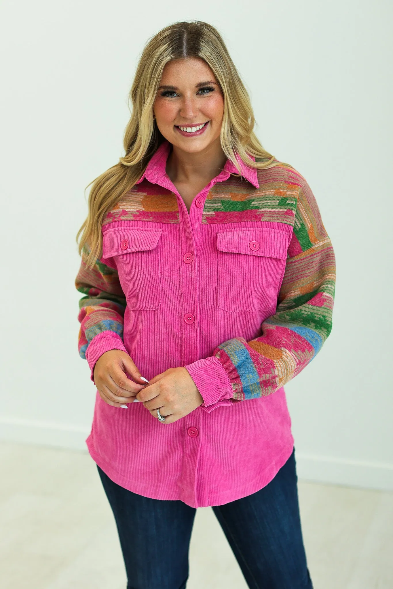 Corduroy and Aztec Print Shacket