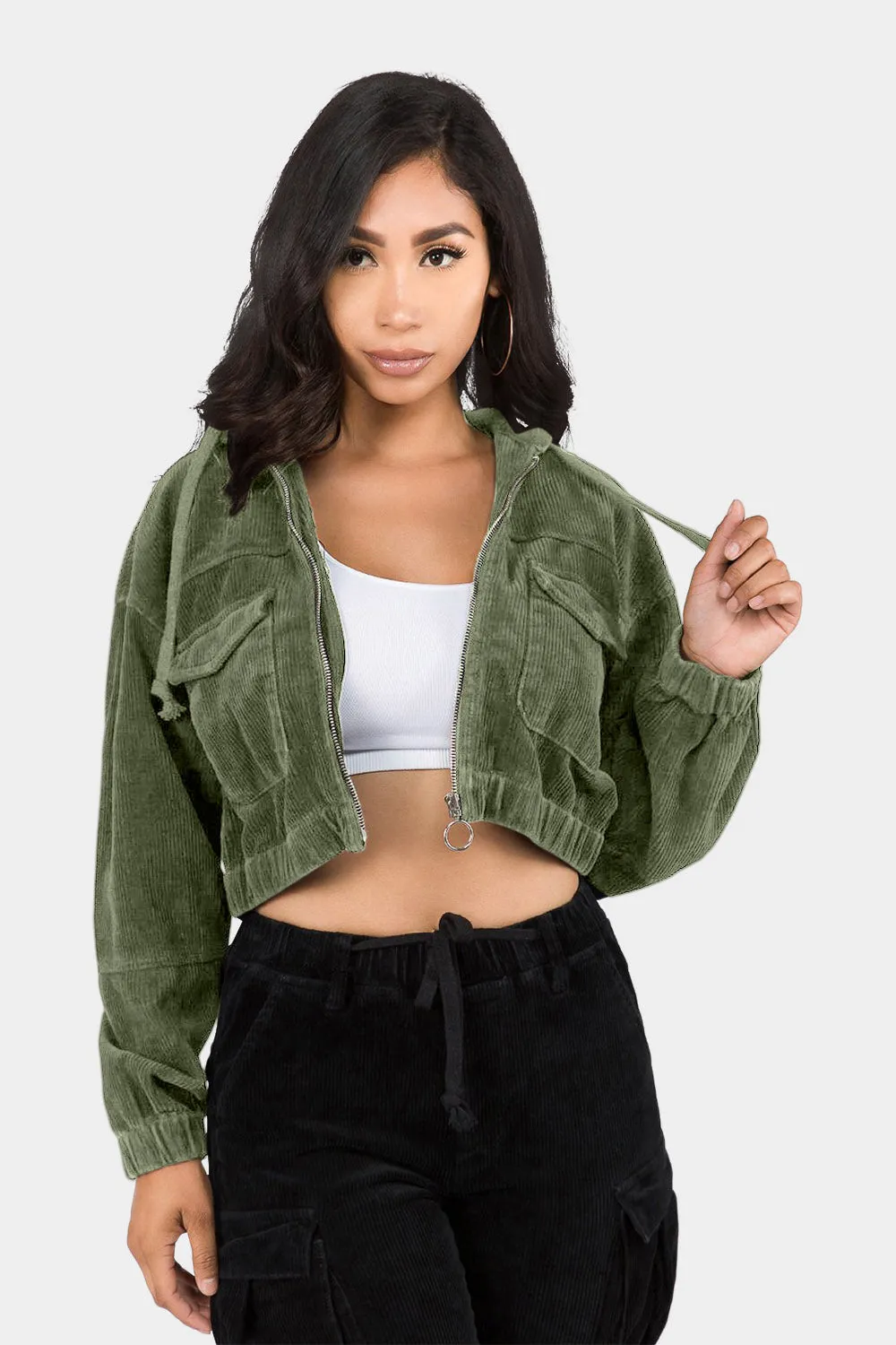 Corduroy Cropped Hoodie Jacket