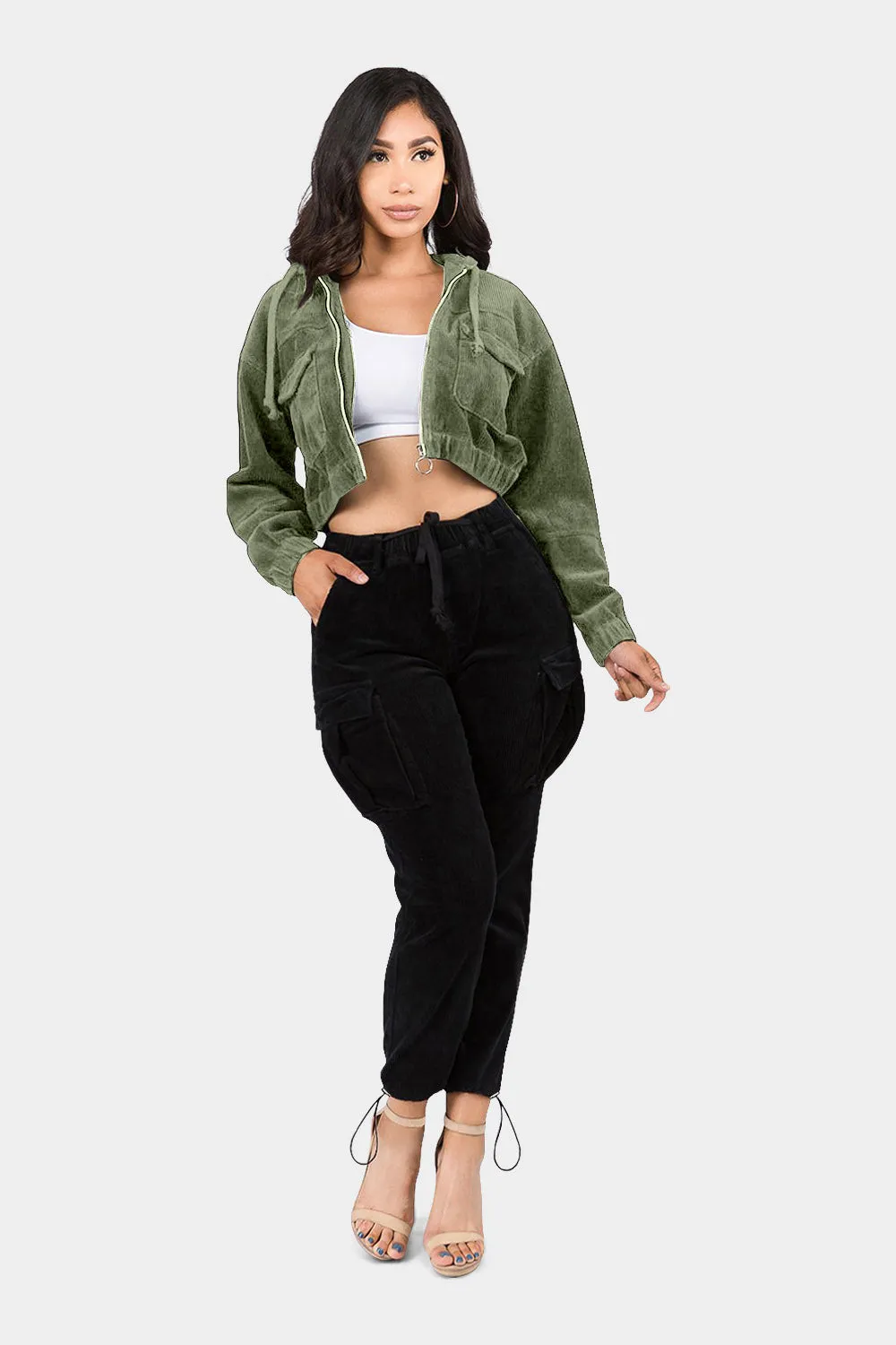 Corduroy Cropped Hoodie Jacket