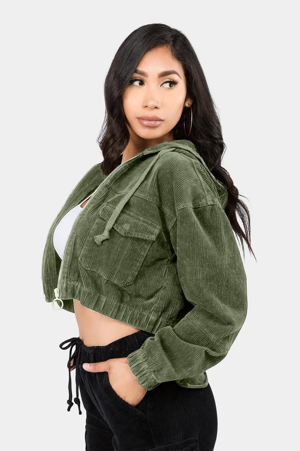 Corduroy Cropped Hoodie Jacket