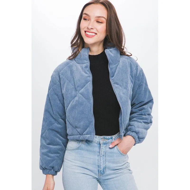 Corduroy Semi-Cropped Zip Up Jacket with Pockets