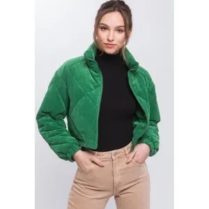 Corduroy Semi-Cropped Zip Up Jacket with Pockets