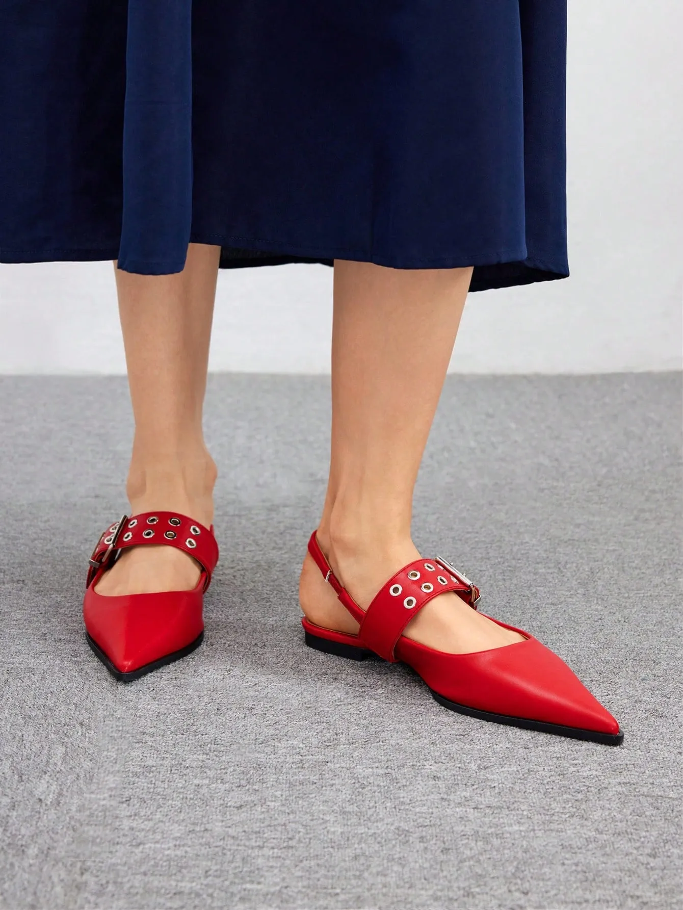 CUCCOO BIZCHIC Fashionable Red Pointed Toe Buckled Backless Flat Shoes For Women