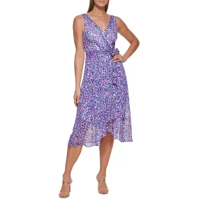 DKNY Womens Patterned Faux Wrap Midi Dress