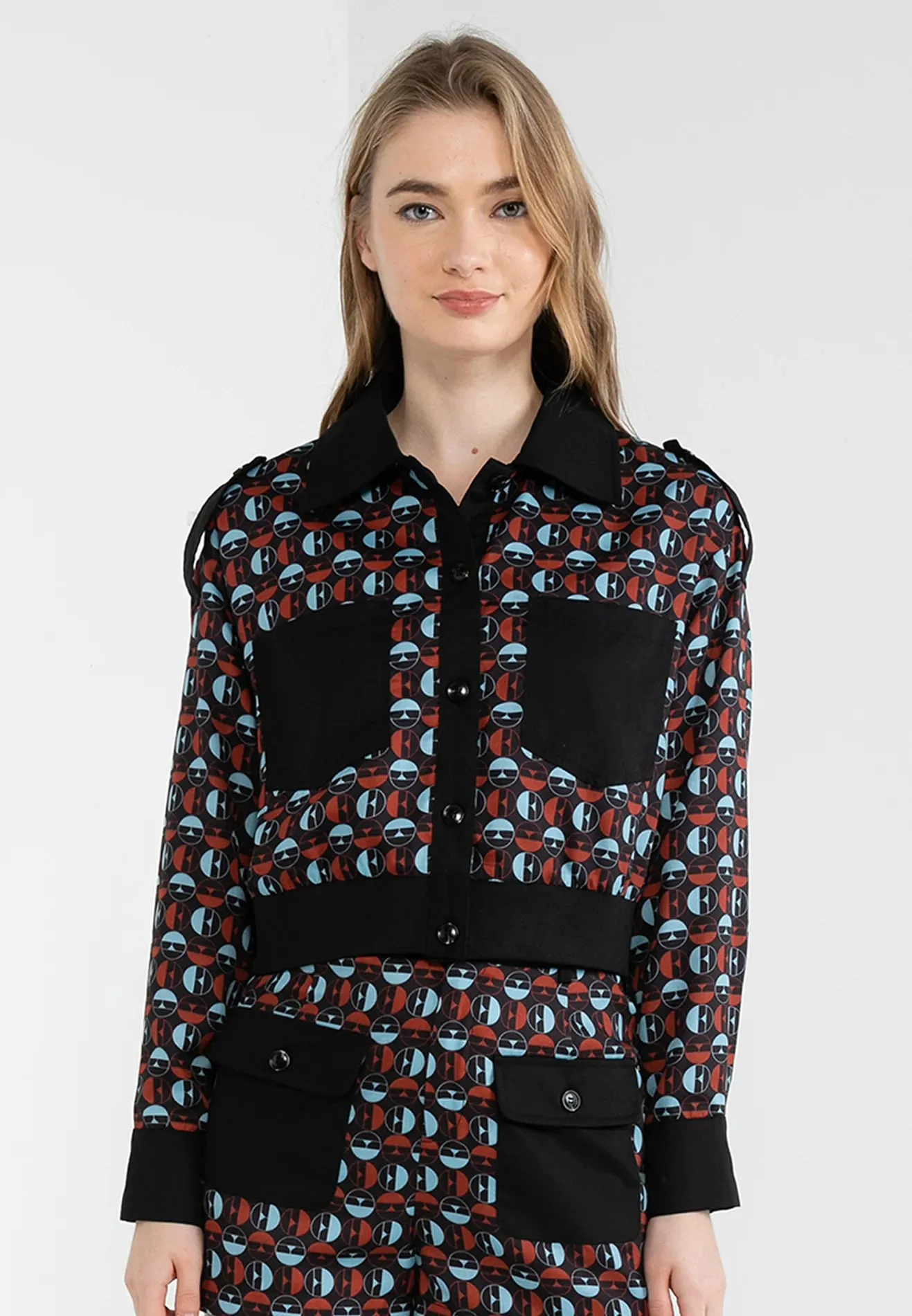 ELLE Apparel Retro Geometric Printed Collar Shirt