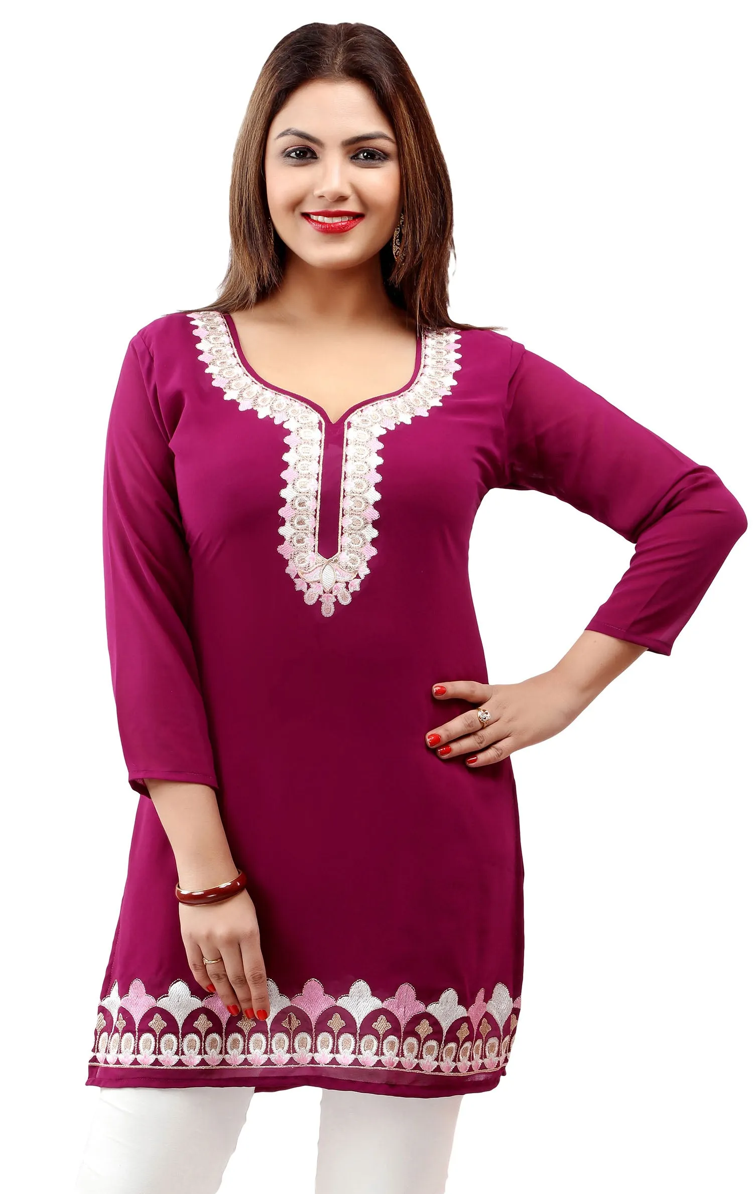 Embroidered Indian Clothing Women's Tunic Top Kurti  Blouse (Magenta)