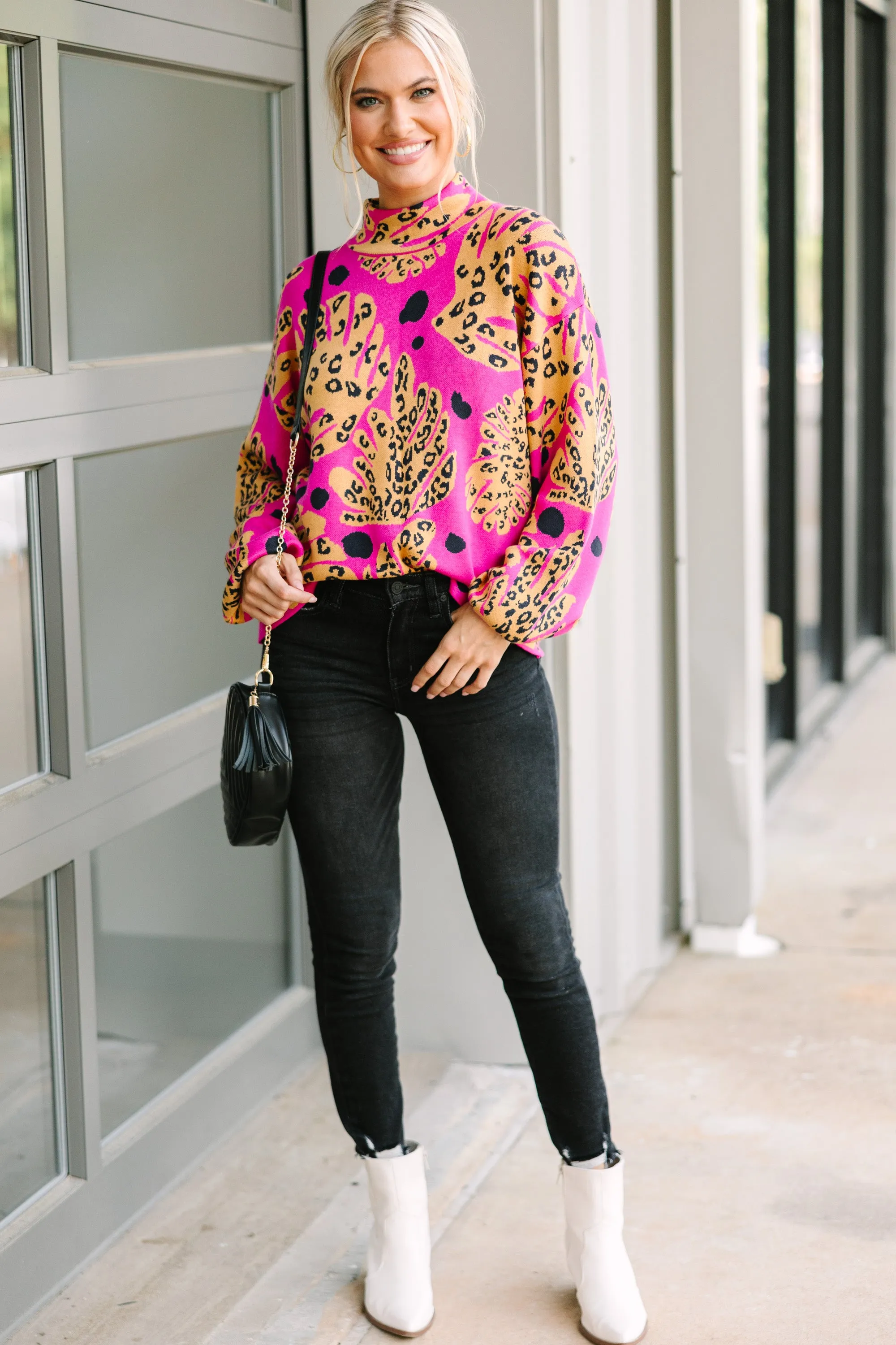 Fate: Dance Around It Fuchsia Pink Mixed Print Sweater