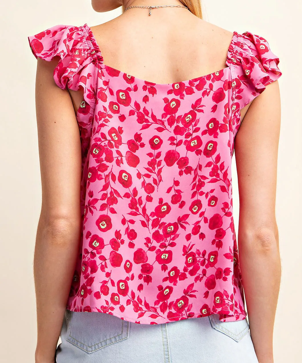 Floral Top with Square Neckline - Hot Pink