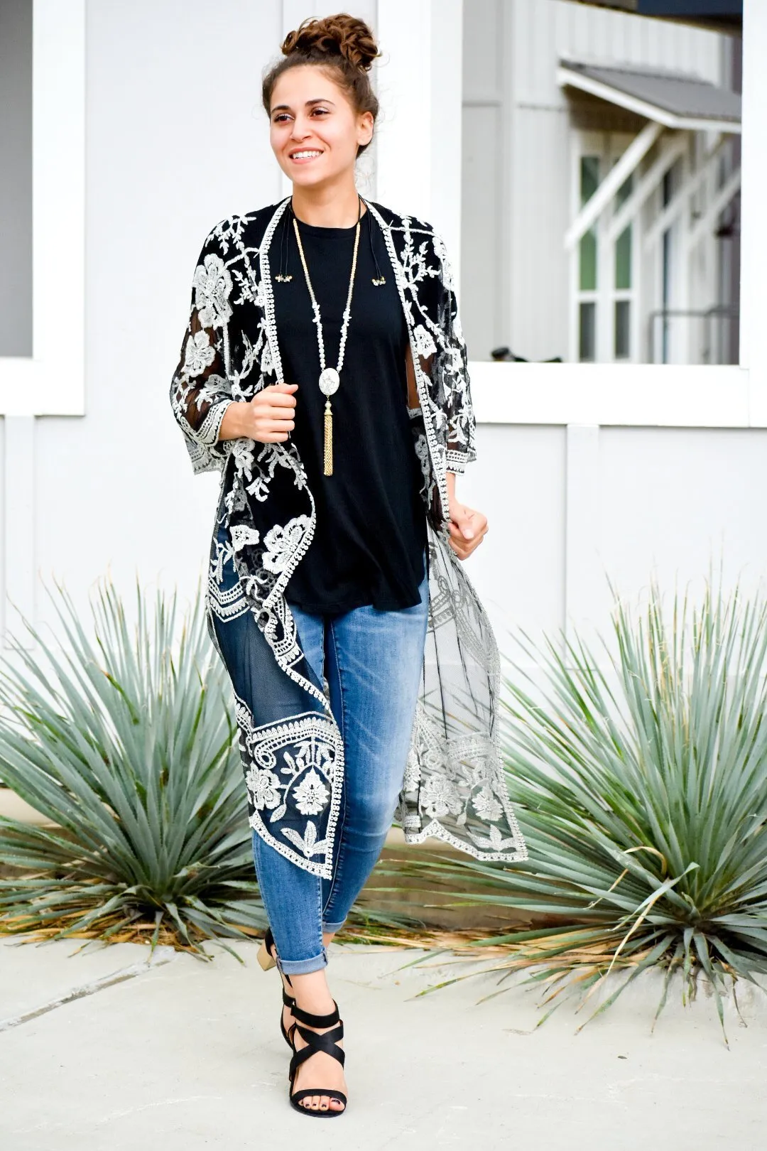 I Will Follow Black and White Embroidered Duster Cardigan