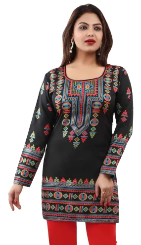 India Womens Tunic Top Kurti Printed Indian Clothing (Black)