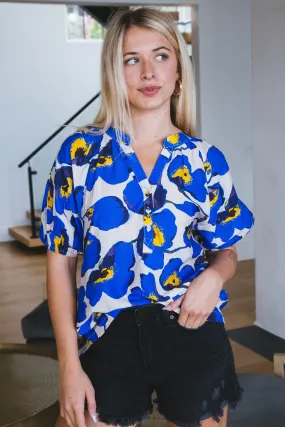 Kennedy Floral Split Neck Top, Blue Mix