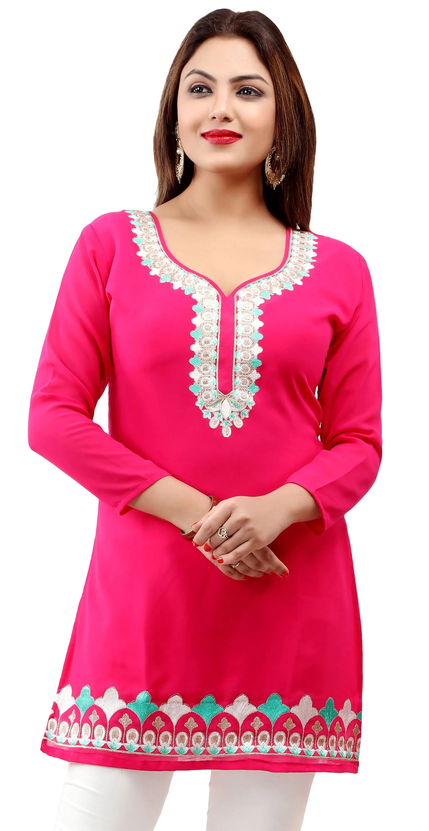 Kurti Top Tunic Blouse Women's Embroidered India Clothing (Pink)