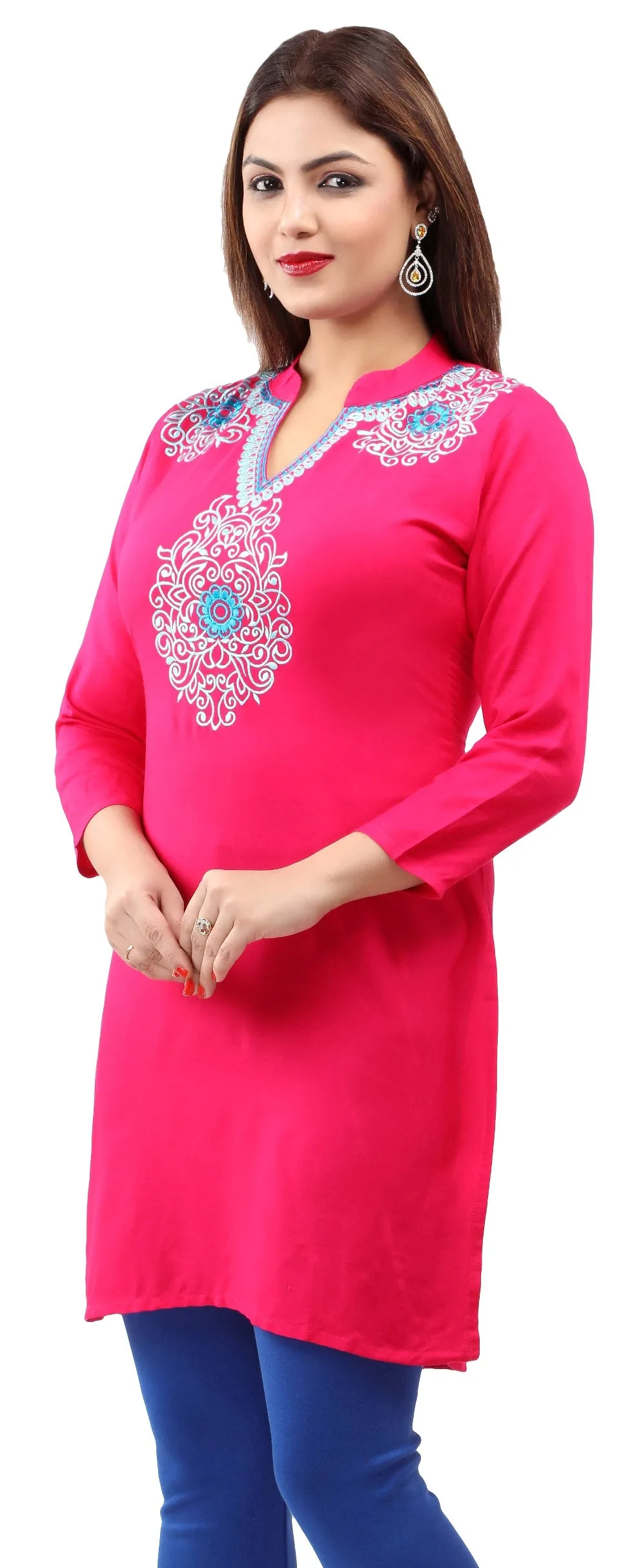 Maple Clothing India Women's Tunic Top Embroidered Kurti (Pink)