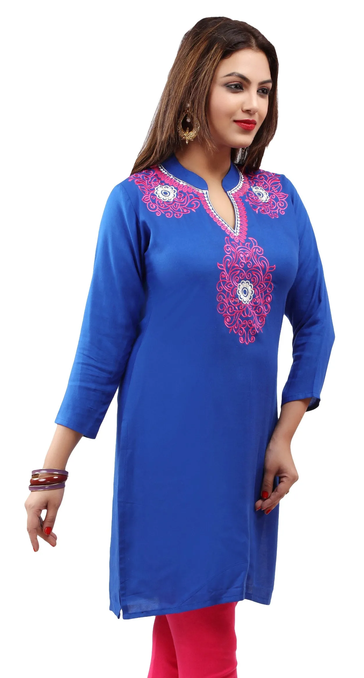 Maple Clothing Kurti Women's Blouse Embroidered India Clothing (Blue)