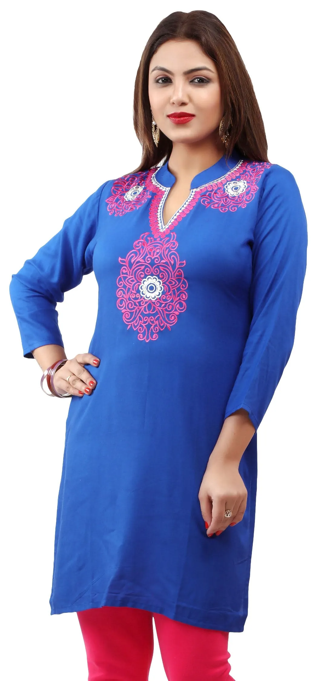 Maple Clothing Kurti Women's Blouse Embroidered India Clothing (Blue)