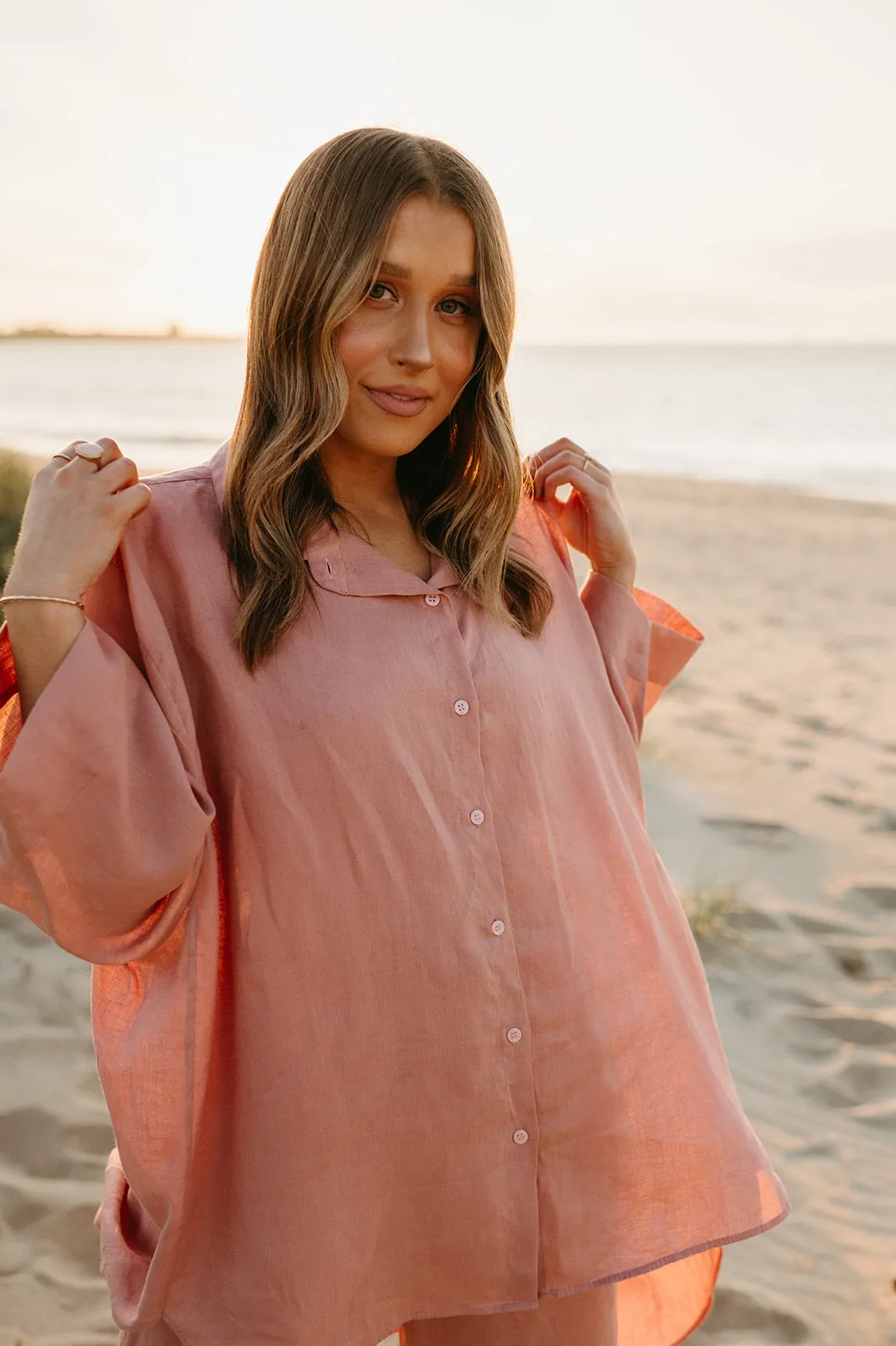 Margot Oversized Linen Shirt Dress in Old Rose