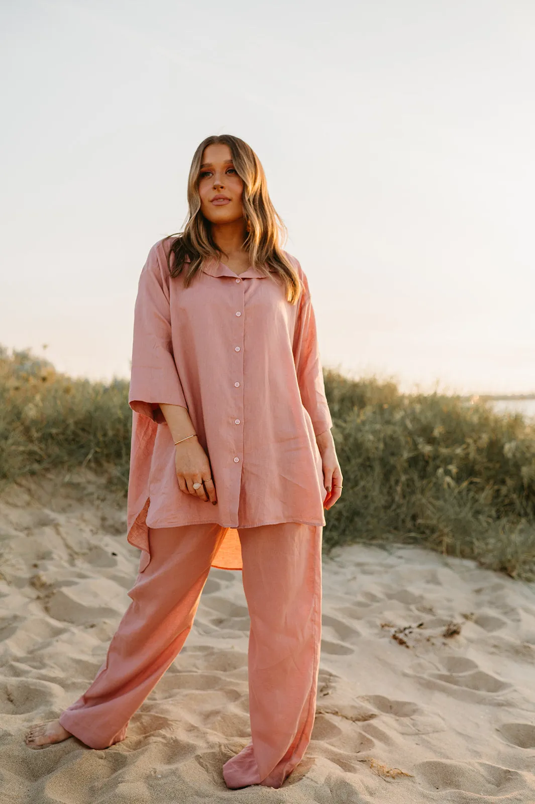 Margot Oversized Linen Shirt Dress in Old Rose