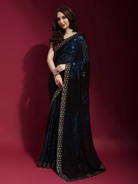 Odette Women Black And Blue Georgette Sequence Saree With Unstitched Blouse