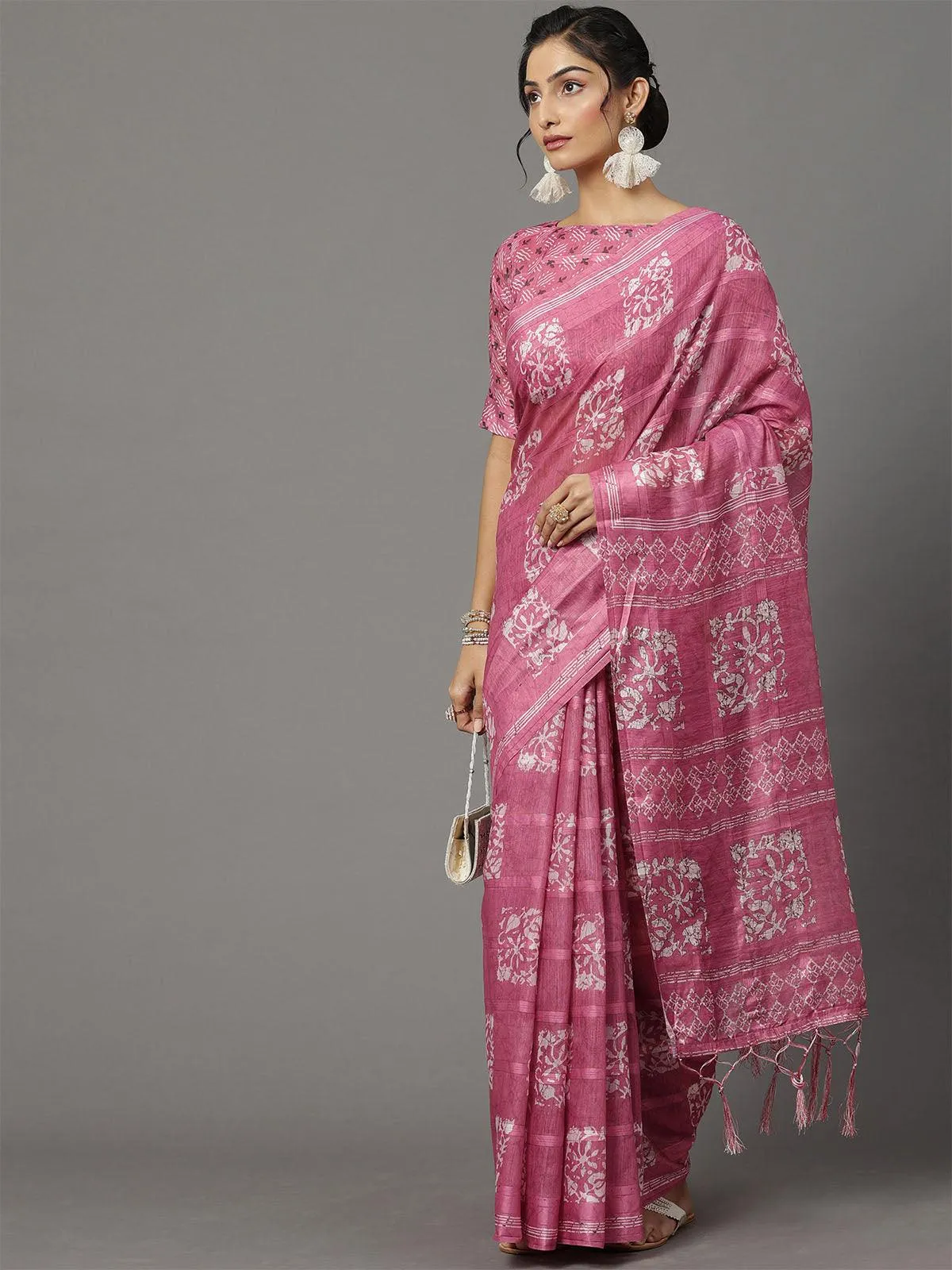 Odette Women Soft Silk Pink Printed Designer Saree With Blouse Piece