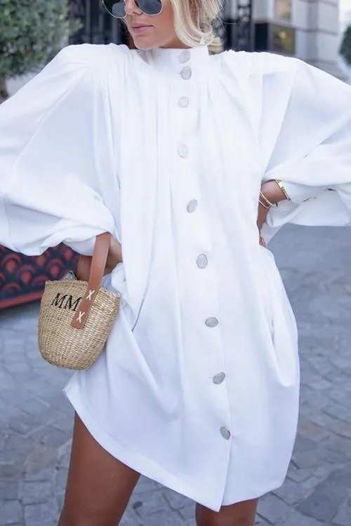 Oversized Button Puff Sleeve Shirt Dress