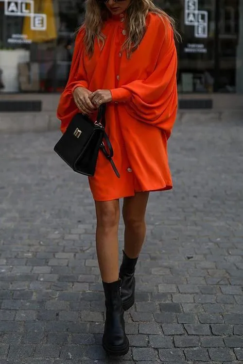 Oversized Button Puff Sleeve Shirt Dress