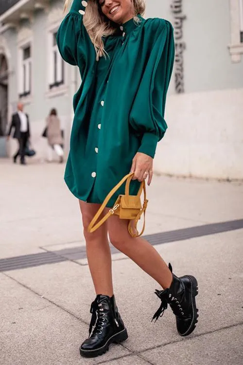 Oversized Button Puff Sleeve Shirt Dress